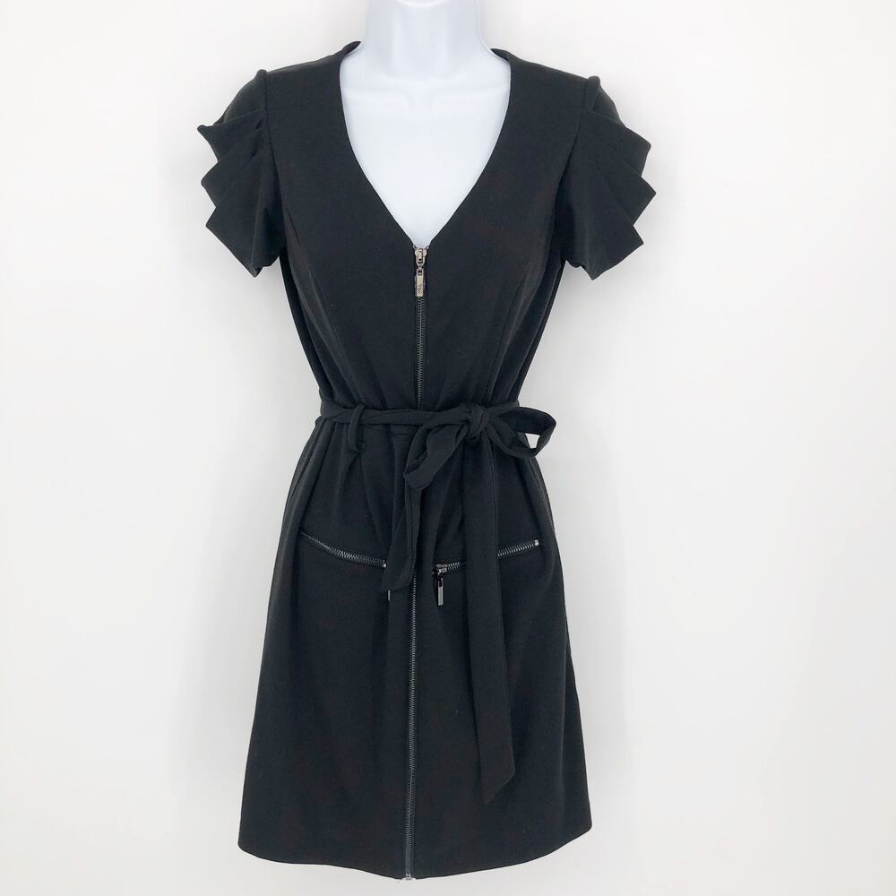 Jessica Simpson Mini Dress Size 2 Black Belt Ruffle Zip Front V-Neck Pockets